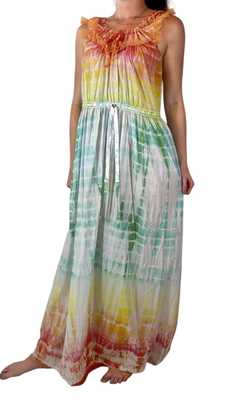 Hand Dyed Vintage 70s Ombre Shibori Nylon Nightgown Lace Drawstring Lounge Dress